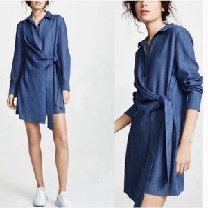 TIBI Long Sleeve Dark Indigo Chambray Drape Tunic Wrap Dress 4